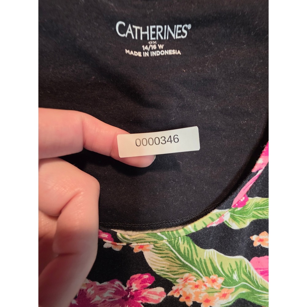 Catherines Tropical Floral Hibiscus Scoop Neck Top Black Pink 0X 14/16W - Picture 7 of 9